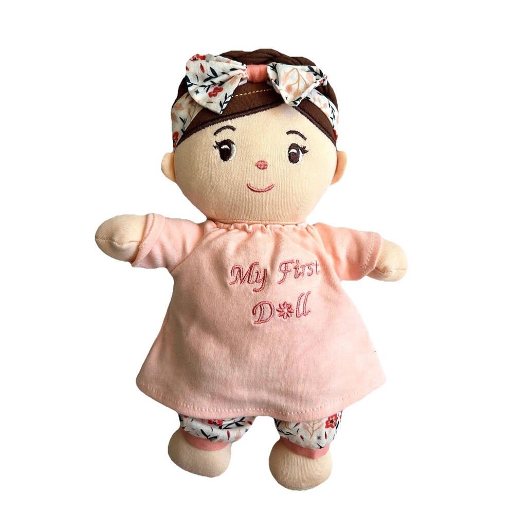 Linzy Luna Plush Baby Doll Brown Hair Baby's 1st Doll Floral Headband Pants 10"